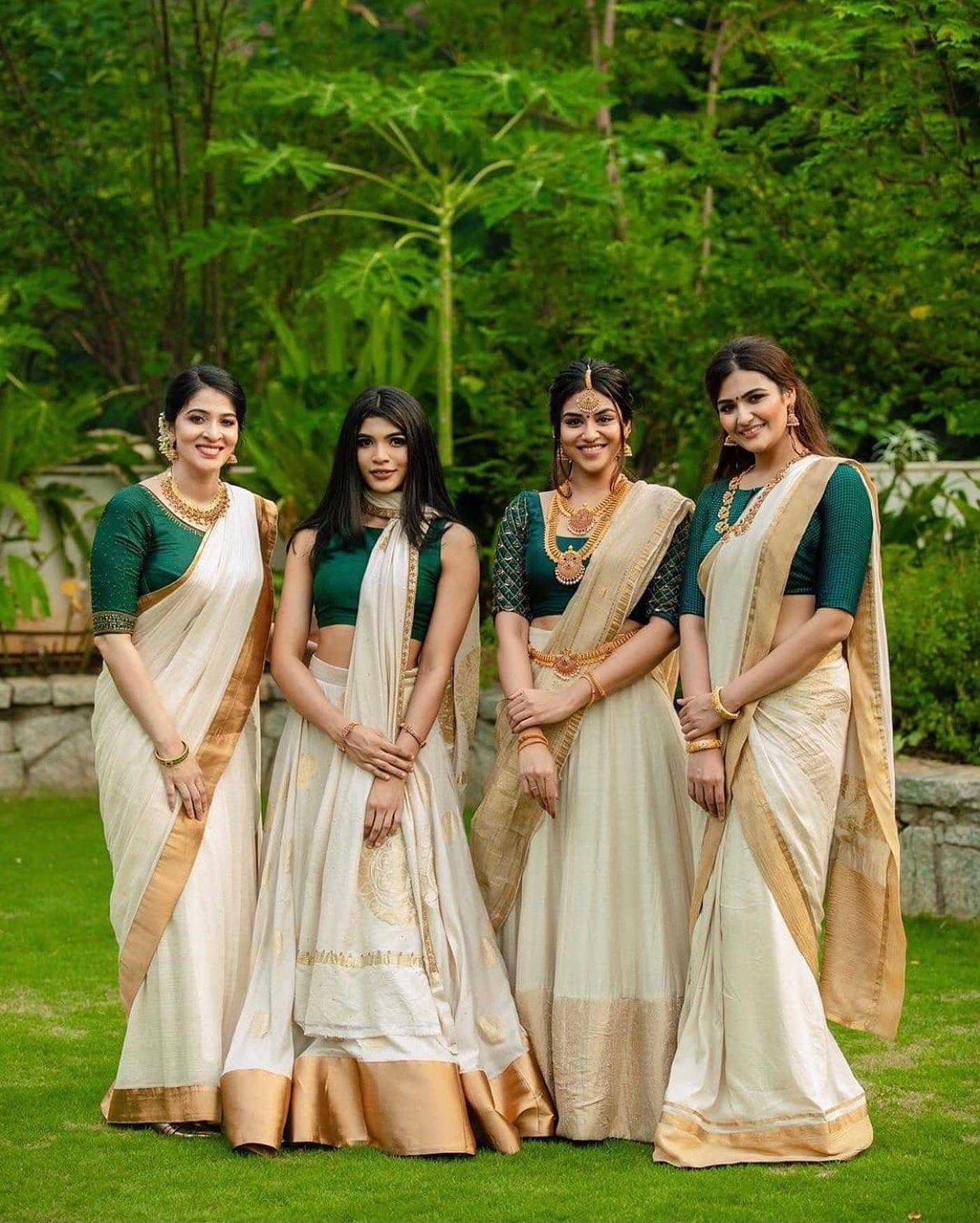Kasavu sarees with green blouses and gold borders