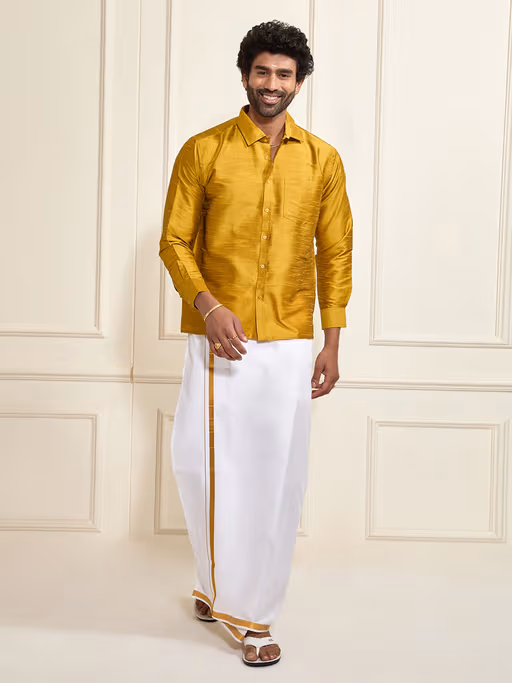 Gold silk shirt with white mundu